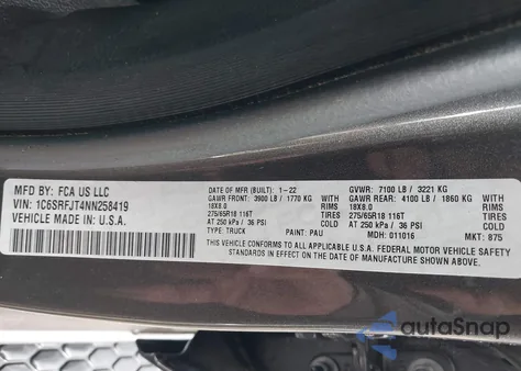 2022 Ram 1500 Laramie 4X4 5'7 Box z USA, uszkodzony, nr VIN 1C6SRFJT4NN258419